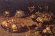unknow artist Still life of Grapes and apples on pewter plates,figs,melons and a wine glass Germany oil painting reproduction